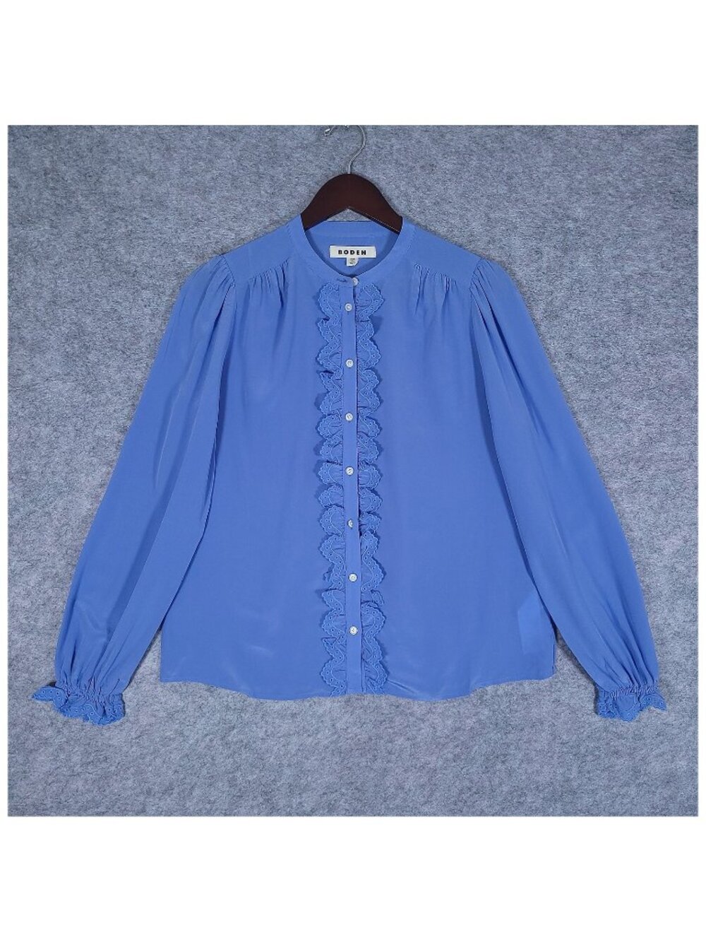 Boden Alice Frill Front Silk Top Blue Ruffle Eyelet Blouse Size 8 Blouson T1904